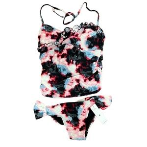 NWT Kensie Swimsuit Tankini Set Top and bottom Black w/ blue pink white floral S